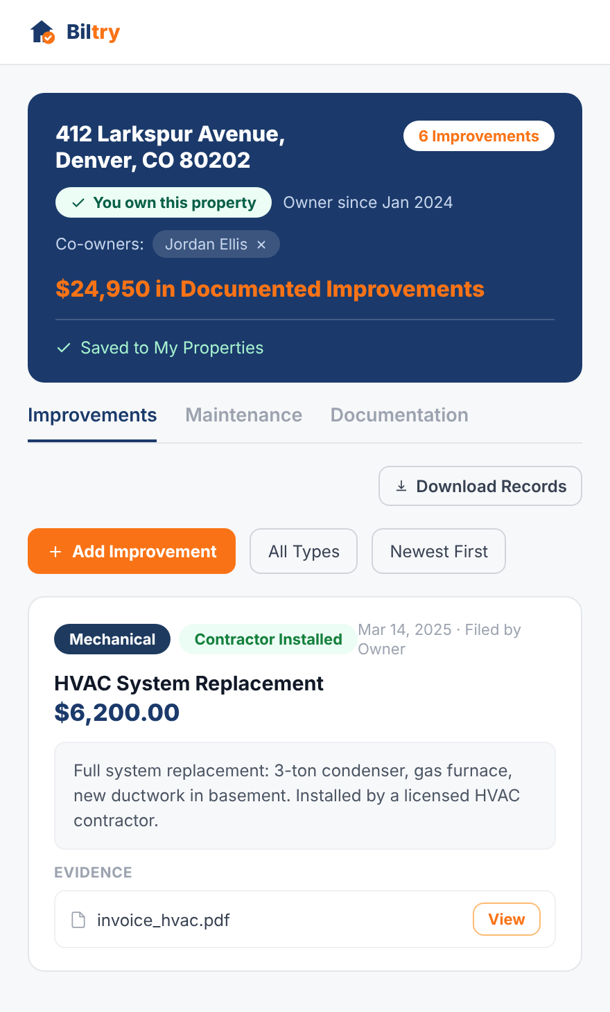 Property page showing improvements and costs
